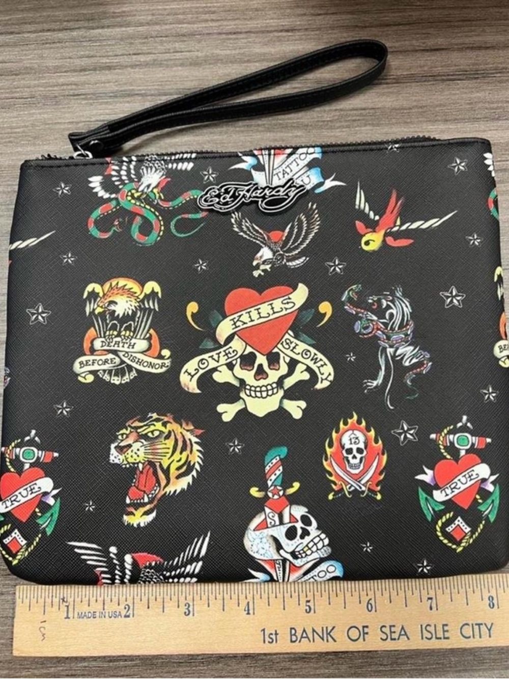 Ed Hardy NWOT "Love Kills Slowly" Tattoo Print Wristlet Clutch Y2K Vintage